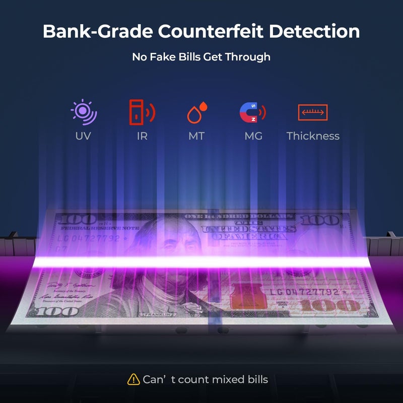 MUNBYN IMC51 Money Counter Machine Count Value, Add+Batch/Add+ Value Mode Bill Counter, UV/MG/IR/MT Detection, USD only Cash Counter,1100 Bills/min, Money Counting Machine with LCD Display (Black) - Image 4